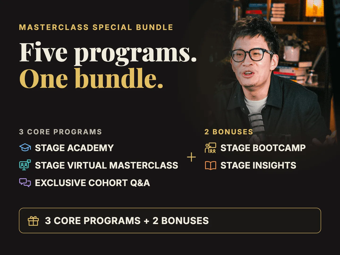 The ULTIMATE Communication Bundle — five programs in one bundle: STAGE Academy, STAGE Virtual, Cohort Q&A, Bootcamp, and Insights.