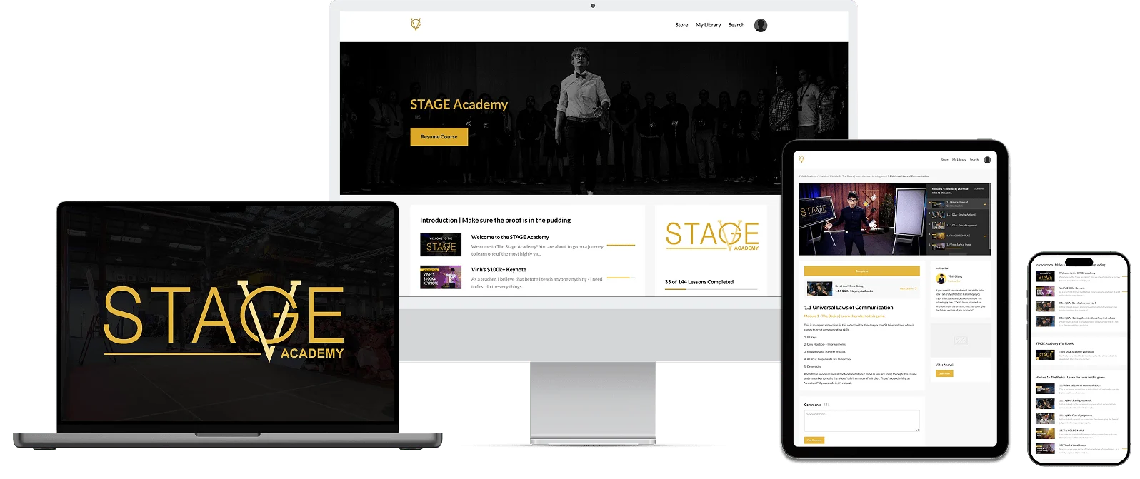Stage Academy course dashboard shown on laptop, desktop, tablet and phone.